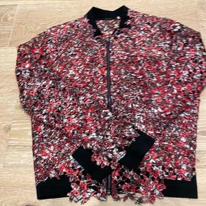 Elie Tahari Red, Black and White Lace Bomber Zippered Jacket, Size S/P